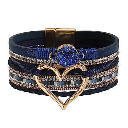 Womens Love Heart Leather Wrap Bracelet Multi-layer Stacked Bangle | Magnetic Clasp Soft PU Leather Resin Stone Rhinestone Boho Style Birthday Valentine Christmas Bohemian Jewelry Gift - color: Navy Blue