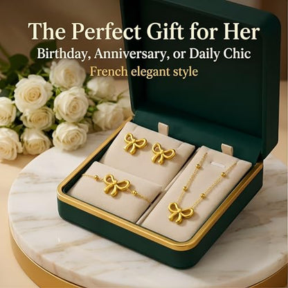 3 Pcs Gold Bow Jewelry Set - Dainty Ribbon Necklace. Outstanding Coquette Aesthetic Accessories Featuring Matching Bracelet Studs, Minimalist Beaded Satellite Chain