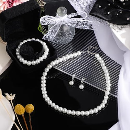 3 Pcs Pearl Jewelry Set Faux Pearl Clip on Earring Necklace Bracelet for Women Bridesmaid Birthday Wedding Gift - color: White, size: 10 mm