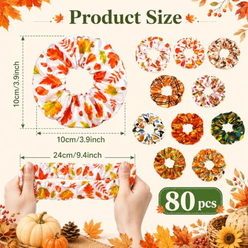 80 Pcs Fall Satin Hair Scrunchies for Women Girls Autumn Thanksgiving Pumpkin Maple Leaves Hair Ties Turkey Elastic Bands Bulk for Autumn Harvest Party Favors Gift Accessories - style: Fall