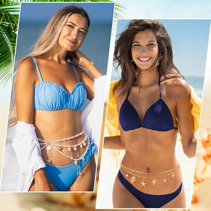 Lenwen 10 Pcs Summer Beach Belly Chain Adjustable Waist Multi Layered Chain Waist Jewelry for Women Girls Multilayer Body - color: Gold, style: Elegant Style