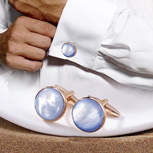 HAWSON Cufflinks and Tuxedo Studs Set for Men with Gift Box, Mother-of-Pearl Cuff links for French Cuff Shirt and Dress Shirt, Suitable for Wedding, Birthday, Party - style: Rose Gold & Blue Mother of Pearl