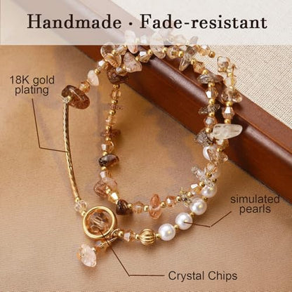 Wrap Bracelet for Women,Crystal Chip & Faux Pearl Beaded Double Layer with Gold-Tone Pendant, Boho Minimalist Style, Adjustable Fit