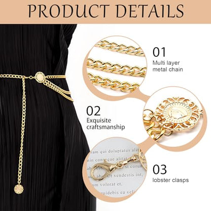 3 Pcs Gold Chain Belt for Women, Adjustable Waist Chain with Clover Butterfly Disc Pendants, Body Jewelry, Boho Belts for Women, Summer Beach Party - color: Gold