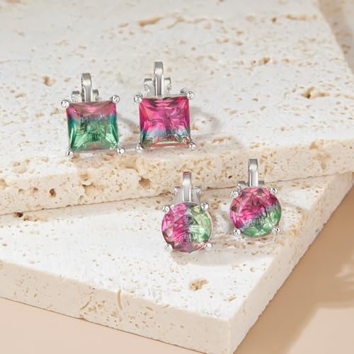 YOQUCOL 2 Pairs 8MM Cubic Zirconia Crystal Clip On Stud Earrings Non Pierced Stud Earrings For Women - color: Aurora-Pink Green