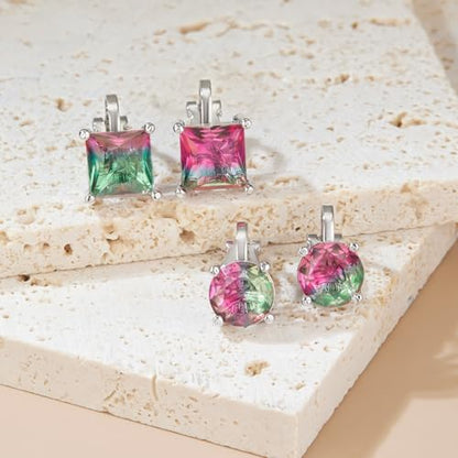 YOQUCOL 2 Pairs 8MM Cubic Zirconia Crystal Clip On Stud Earrings Non Pierced Stud Earrings For Women - color: Aurora-Pink Green