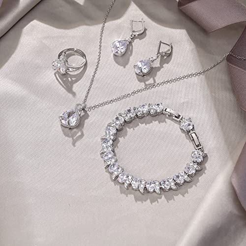 EVER FAITH Wedding Jewelry Set for Bride Bridesmaid, Glamour Teardrop Cubic Zirconia Pendant Necklace Earrings Tennis Bracelet Open Ring Sets for Birthday/Valentine's Day/Mother's Day/Christmas - color: A_Clear Silver-Plated-Brass