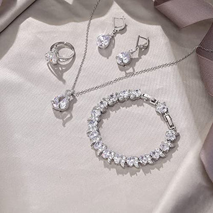 EVER FAITH Wedding Jewelry Set for Bride Bridesmaid, Glamour Teardrop Cubic Zirconia Pendant Necklace Earrings Tennis Bracelet Open Ring Sets for Birthday/Valentine's Day/Mother's Day/Christmas - color: A_Clear Silver-Plated-Brass