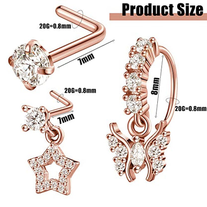 18 Pcs Dangle Nose Ring L Shaped Dangling Nose Stud Nose Ring Hoop Indian Nose Piercing Jewelry with Charm - color: Rose Gold