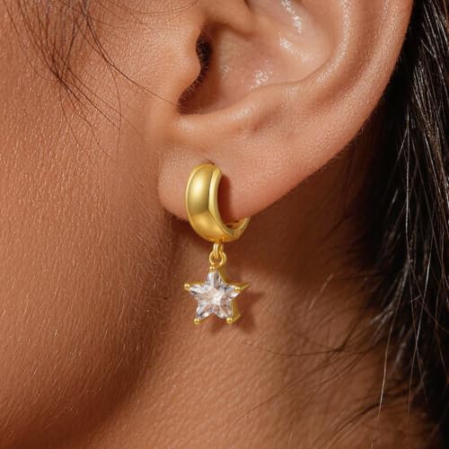 Chunky Gold Huggie Cz Dangle Earrings for Women | Hoop Huggies Dangly, Cubic Zirconia Drop Earring, Diamond Crystal Charm, Statement Dangling Earrings, Jewelry Gifts - color: Gold-Star