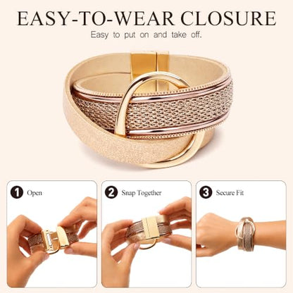 Edoneery Leather Wrap Bracelets for Women, Boho Layered Cuff Bangle | Multi-layer leather cuff, daily wear, stackable bangle, easy on-off, western jewelry gifts for women - color: Gold-2