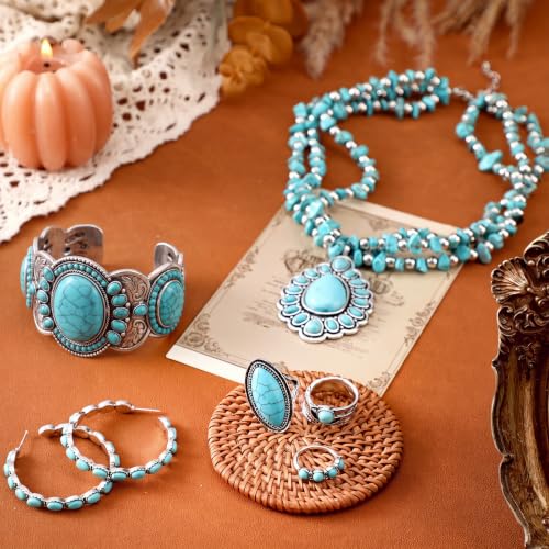 Ecally Bohemian Western Jewelry Turquoise Set Women Country Pendant Long Choker Layered Bracelets Earrings Ring for Women - color: Turquoise, style: Rustic