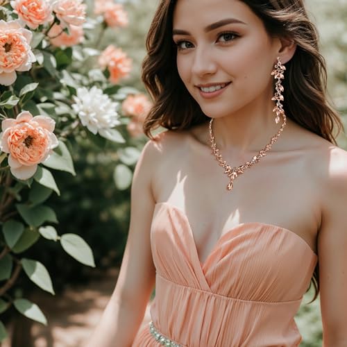 EVER FAITH Marquise Crystal Leaf Bridal Prom Jewelry Set for Women Bride | Rhinestone Wedding Party Necklace Dangle Earrings Tennis Bracelet, for Bridesmaid - color: Peach Rose