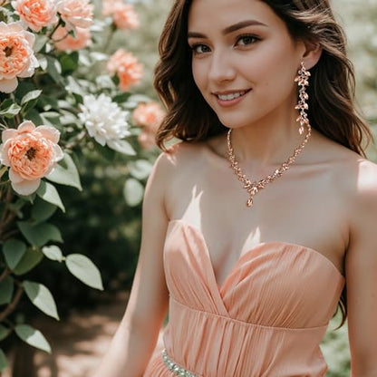EVER FAITH Marquise Crystal Leaf Bridal Prom Jewelry Set for Women Bride | Rhinestone Wedding Party Necklace Dangle Earrings Tennis Bracelet, for Bridesmaid - color: Peach Rose