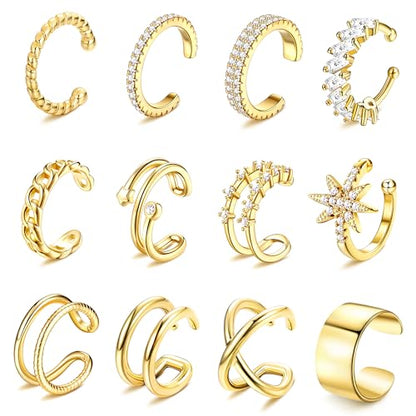 9Pcs Ear Cuff 14K Gold Plated Cuff Earrings Gold Ear Cuffs Non Pierced | Fake Conch Cartilage Earrings Ear-Clips Minimalist Non Piercing Delicate Clip-on Ear Cuffs Stackable Set - style: B-12pcs-Gold
