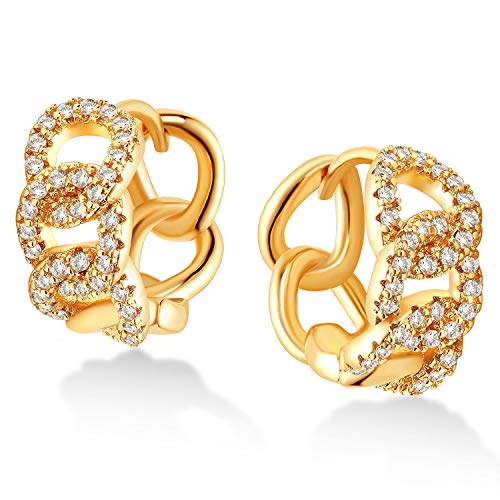 Dremmy Studios Dainty CZ Huggie Hoop Earrings 14K Gold Plated Chunky Simple Cute Thick Round Frill Bead Ball Starburst Cuff Earrings Cubic Zirconia Hoop Earrings Minimalist Personalized Gift for Her - color: Chain E