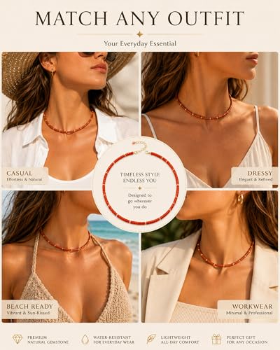 Natural Heishi Gemstone Choker Necklace for Women, Adjustable 15"+2" Beaded Layering Necklace, Coastal Beach Jewelry Gift for Her - color: Carnelian