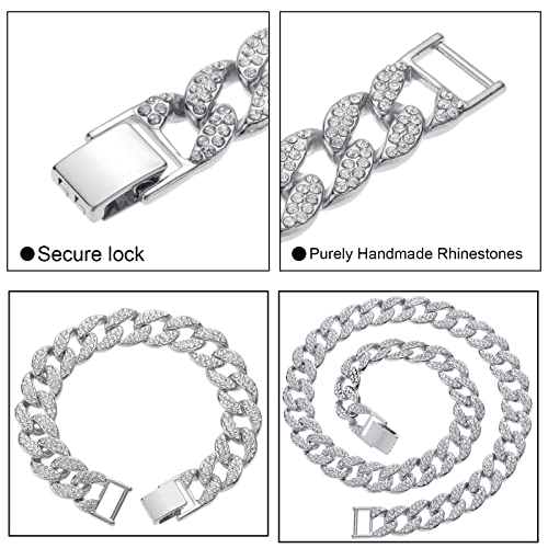 Saintda Iced Out Cuban Link Chain Necklace Bracelet Set for Men | 14mm Cuban Link Necklace Bracelet Jewelry Set Diamond Iced Out Mens Bling Thick Necklaces Chains - color: Silver-W:15MM-THK:3MM, size: 20inch
