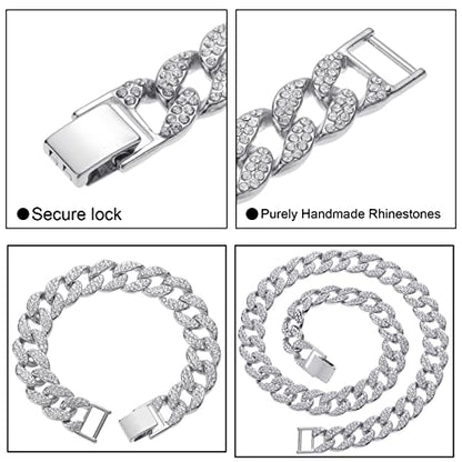 Saintda Iced Out Cuban Link Chain Necklace Bracelet Set for Men | 14mm Cuban Link Necklace Bracelet Jewelry Set Diamond Iced Out Mens Bling Thick Necklaces Chains - color: Silver-W:15MM-THK:3MM, size: 20inch