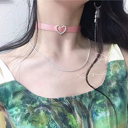 Nova&Aria Chokers Set For Women Heart Choker Necklaces Flower Pendant Velvet Cute Pink Turquoise Blue White Black Choker Necklace Christmas Colorful Lace Chokers - color: Pink-B