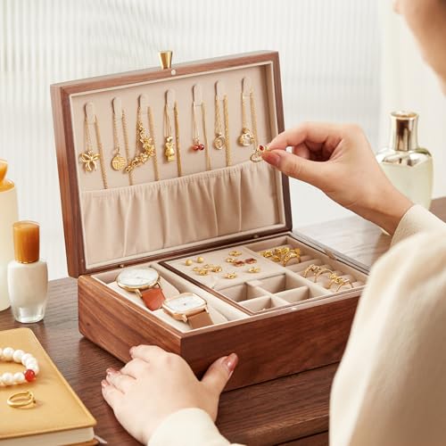 CHOSIN Walnut Wood Jewelry Box with Removable Tray, Vertical Necklace Hooks | 2 Layers Black Walnut Jewelry Organizer, For Watches Rings Earrings Necklace Bracelets, Velvet Interior, Gift for Her - style: 2 Layer B