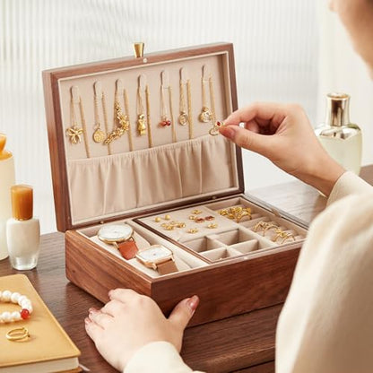 CHOSIN Walnut Wood Jewelry Box with Removable Tray, Vertical Necklace Hooks | 2 Layers Black Walnut Jewelry Organizer, For Watches Rings Earrings Necklace Bracelets, Velvet Interior, Gift for Her - style: 2 Layer B