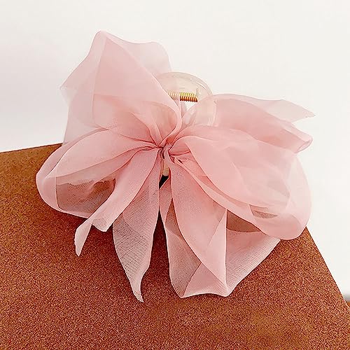 Elegant Mesh Tulle Hair Claws with Large Bowknot - Chiffon Hair Clips for Thick Hair and Women's Hair Accessories - color: pink
