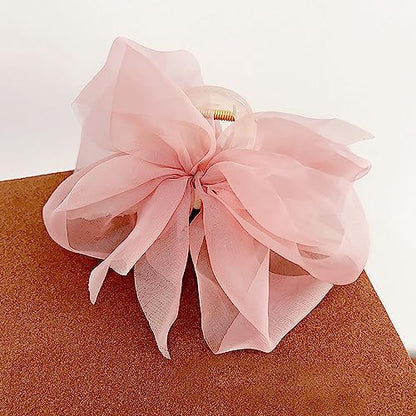 Elegant Mesh Tulle Hair Claws with Large Bowknot - Chiffon Hair Clips for Thick Hair and Women's Hair Accessories - color: pink