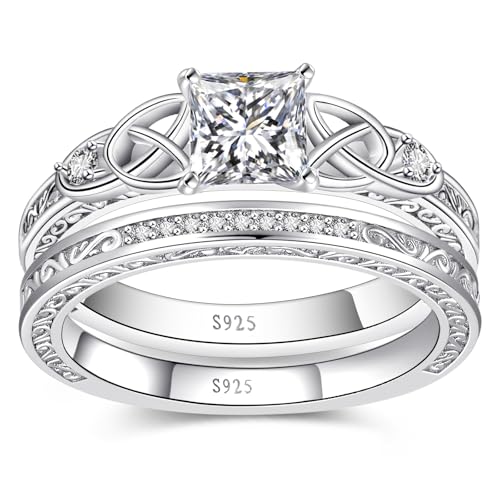 Yaresul Vintage Celtic Knot Women's Engagement Ring Sets Size 5-9 | 925 Sterling Silver/14K Gold Plated Stackable Wedding Bands Rings Cubic Zirconia Women Bridal Sets Wedding Ring Band - color: C-Silver-Princess Cut Sets