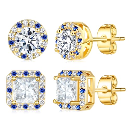 Titanium Stud for Sensitive Ears, Gold Plated Halo Cubic Zirconia Earrings - color: Round & Square Yellow Stud