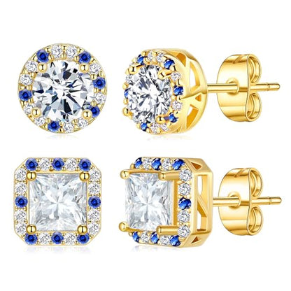 Titanium Stud for Sensitive Ears, Gold Plated Halo Cubic Zirconia Earrings - color: Round & Square Yellow Stud