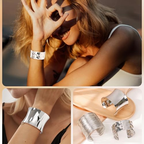3Pcs Chunky Gold Cuff Bracelets Open Wide Bangle Bracelets Set for Women Minimalist Irregular Bracelet Statement Wrist Cuff Wrap Bracelet Jewelry - style: styleC silver