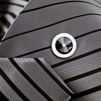 HAWSON Mens Tie Tack with Chain Round Crystal Wedding Business Accessories - color: Silver + Black Diamond