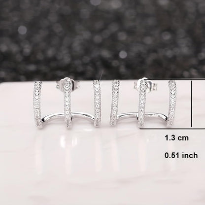 Unique Zirconia Triple Hoop Stud Earrings for Women Daily Party Earrings Jewelry Gift - color: silver