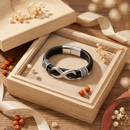 Men's Leather Infinity Bracelet Stainless Steel Number 8 Wristband Cuff Bangle Bracelets Gifts for Men, 8.3 & 9.1 inches - color: 04.Genuine leather & silver infinity, size: 8.3inch(Fits most wrists.)