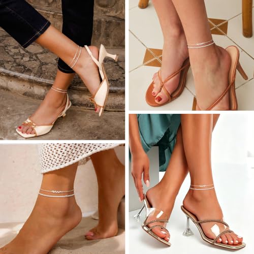 Kenivira 925 Sterling Silver Ankle Bracelets For Women Dainty Layered Waterproof 18K Gold Plated Anklets For Women Beach Adjustable Anklet Foot Jewellery - color: Silver