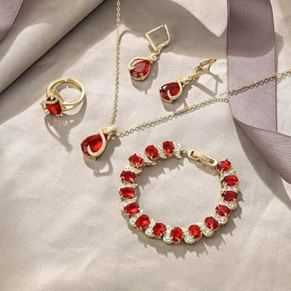 EVER FAITH Wedding Jewelry Set for Bride Bridesmaid, Glamour Teardrop Cubic Zirconia Pendant Necklace Earrings Tennis Bracelet Open Ring Sets for Birthday/Valentine's Day/Mother's Day/Christmas - color: A_Red Gold-Plated-Brass