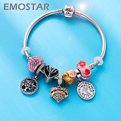 EMOSTAR Jan-Dec Birthstone Charms fits European Birthday Bracelet, Dangle 925 Sterling Silver Heart Shaped Pendant with 12 Months Birthstones, Gifts for Mom/Women - color: August Birthstone