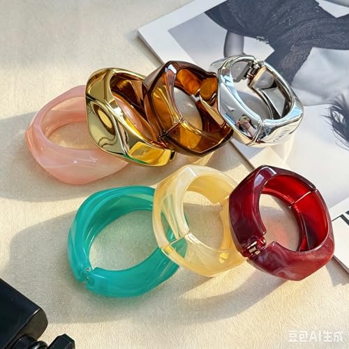 Chunky Irregular Open Cuff Bangle Bracelet for Women, Geometric Resin/Metal Hinged Bracelet, Bold Statement Jewelry for Party Daily Wear
