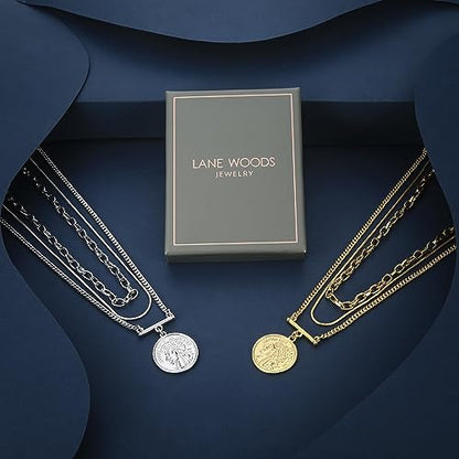 LANE WOODS Gold Plated Layered Necklace for Women, Pendant Choker | Adjustable multilayer chain, pendant and choker-style layers, coordinated stacked look for daily wear and gifting