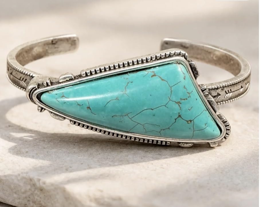 Isac Turquoise Stone Cuff Bracelet, Silver-Tone, Triangle Shape, Boho Western Style, Engraved Band