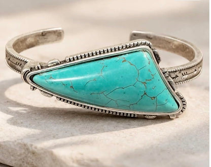Isac Turquoise Stone Cuff Bracelet, Silver-Tone, Triangle Shape, Boho Western Style, Engraved Band