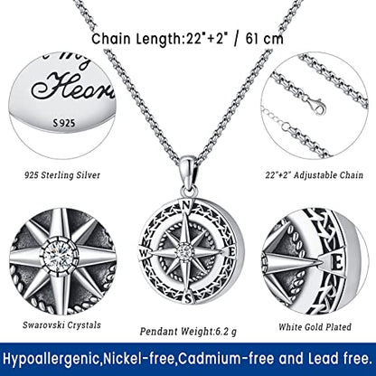 Compass Necklace for Women Men 925 Sterling Silver Pendant Urn Necklaces for Ashes Picture Locket Necklace Anchor Necklace Viking Necklace Crystals CZ Moonstone Abalone Shell Turquoise Compass Jewelry - color: Q-I-Compass Picture Locket, style: Locket