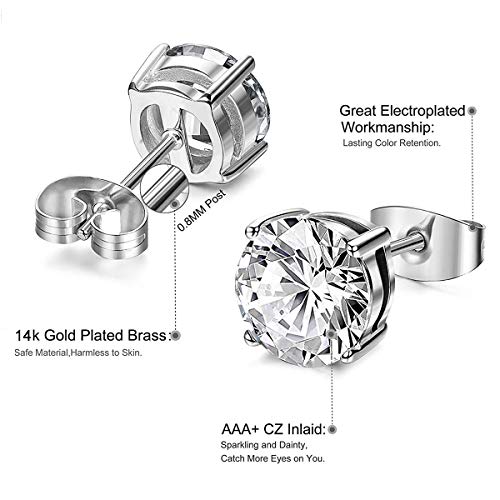 Kainier Women's 14K Gold Plated CZ Stud Earrings Simulated Diamond Round Cubic Zirconia Ear Stud Set（5 Pairs)… - color: Platinum