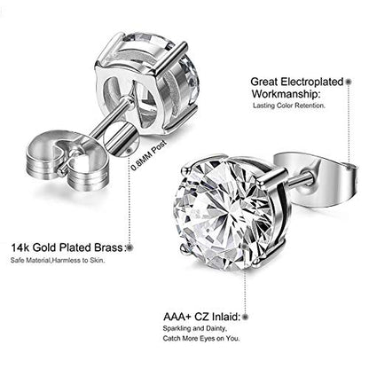 Kainier Women's 14K Gold Plated CZ Stud Earrings Hypoallergenic studs | 5 Pairs Simulated Diamond Round Cubic Zirconia Ear Stud Set for Multiple Piercing, 3/4/5/6/7mm Everyday Studs - color: Platinum