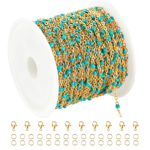 KYUNHOO 16.4 Feet Turquoise Beaded Rosary Spool Gold Plated Chains Bulk | Stainless Steel Chains for Jewelry Making Necklace Ankle Earring DIY Jewelry Findings - color: Gold-Turquoise