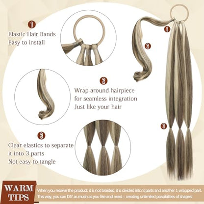 Long Braid Ponytail Extension with Hair Tie Straight Sleek Wrap Around Hair Extensions Braid Pony Tail Fluffy Natural Soft Synthetic Hairpieces for Women Daily Wear, 26 inch | Long Synthetic Braids Extensions for Women 26 Inch Ash Brown with Sand Blonde -