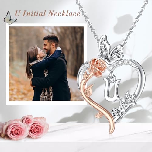 TOUPOP Gifts for Women Her 925 Sterling Silver Rose Heart Initial Necklace Butterfly Heart Jewelry Anniversary Birthday Gifts for Wife Girlfriend Mom - color: U Initial