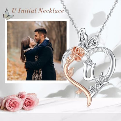 TOUPOP Gifts for Women Her 925 Sterling Silver Rose Heart Initial Necklace Butterfly Heart Jewelry Anniversary Birthday Gifts for Wife Girlfriend Mom - color: U Initial