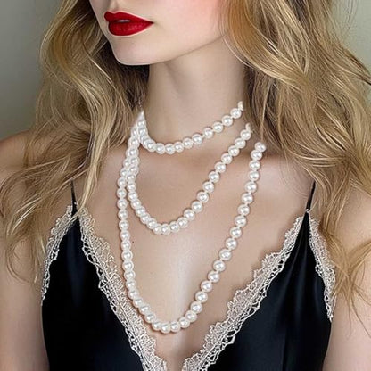 Long Pearl Necklaces for Women Faux Pearl Strand Necklace Statement Beaded Necklaces 1920s Gatsby Costume Jewelry - color: Ivory